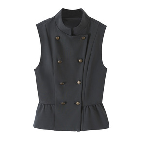 Gilet da donna doppiopetto con peplum personalizzato 2026, gilet corto da ufficio con orlo a balze e bottoni dorati, gilet vintage OEM/ODM - Product Image 2