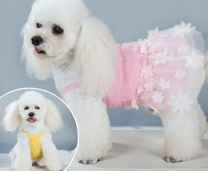 पालतू पशुओं की आपूर्ति थोक पीला गुलाबी फूल कुत्ते शादी फीता यार्न पोशाक पालतू जानवर गर्मी के कपड़े कपड़े