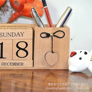 Creative new wooden desktop ornament, perpetual <b>calendar</b>, solid wood home desktop <b>calendar</b> with pen holder and storage box. - Product Image 4