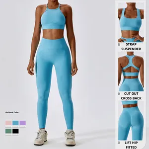 Kwaliteit Gymkleding Vrouwen Gym Fitness Sets Geribbelde Hoge Taille Lift Hip Yoga Broek En Sport Bh 'S Naadloze Legging Sets