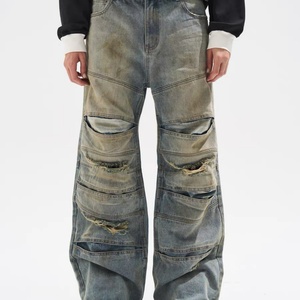 Jeans Vaqueros Anchos de Estilo Vintage, Lavados, Desgastados, Rotos, de Múltiples Secciones, para Hombre - Product Image 1