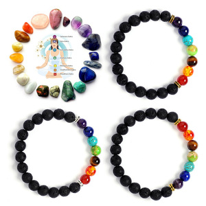 Bracelet en pierre de lave noire, perle de roche élastique, pierres naturelles, pierres précieuses, univers, 8 planètes, 7 chakras - Product Image 2