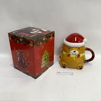 Mug à café en porcelaine peint à la main en forme d'ours mignon avec couvercle 450 ml, motif de Noël, compatible lave-vaisselle et micro-ondes pour les fêtes de fin d'année