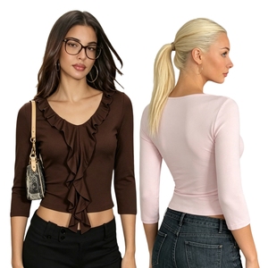 Blusa con Cuello en V y Volantes, Color Sólido, Corte Regular, Manga 3/4, Transpirable, Ecológica, Tejida, Informal, para Mujer - Product Image 1