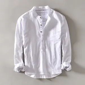 Camicia a maniche lunghe in lino da uomo colletto alla coreana vestiti primaverili e autunnali casual in cotone sciolto lino all'interno di una camicetta foderata bianca