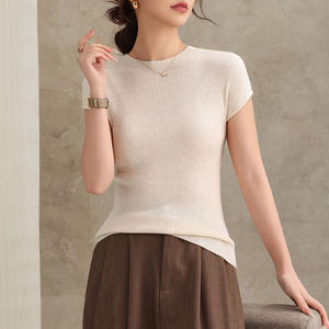 Camiseta de Punto Vintage de Manga Corta, Personalizada, de Viscosa/Poliéster, para <span class=keywords><strong>Mujer</strong></span>, Primavera-Verano, Ajustada, Elástica, Cuello Pequeño, Elegante - Product Image 2