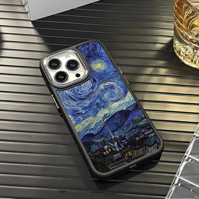 Trending Design Starry Sky Oil Painting Phone case for iPhone 15 Pro Max 14 13 12 11 XS XR Silver Metal Frame Shockproof Cover