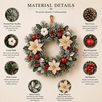 Guirlande de Noël en PVC artificiel givré avec feuilles de houx, poinsettias beiges et pommes de pin pour nœuds dorés, décoration murale ou de porte d'entrée