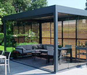 Système de Toit à Lames Motorisé pour Jardin Extérieur Pergola Bioclimatique en Aluminium d'Extérieur avec Porte Coulissante en Verre et Lames Orientables - Product Image 2