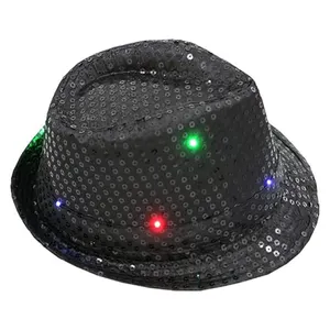 Groothandel Heren En Dames Led Knipperende Lichtflitsende Fedora Muts Met Lovertjes En Western Bling Danshoeden Met Pailletten