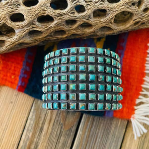 HANDCRAFTED KINGMAN TURQUOISE <b>AND</b> STERLING SILVER CLUSTER CUFF <b>BRACELET</b> - Product Image 1