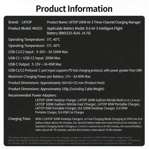 LKTOP - Centro de Carga Rápida de 200 W y 3 Canales para DJI Air 3, Pantalla LED, Modo de Almacenamiento de Energía/Medio Precio Promedio, Cargador de Batería Portátil - Product Image 5