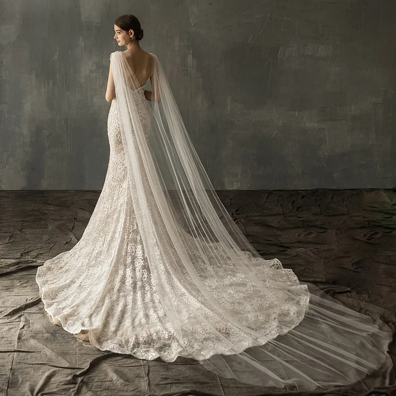V642 Exquisite Long Chapel Wedding Bridal Veil Soft Tulle One-Layer Double Shoulder Rhinestone White Marriage Bride Shawl Veil