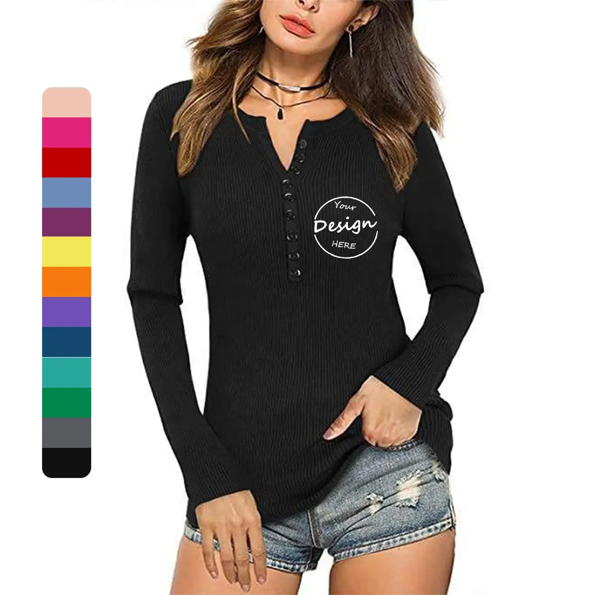 Customized OEM Pullover V-neck T-shirt Low-Cut Button Cotton Slim Fit Long Sleeve Knitted Black Fashion Gym Women Fitted T Shirt