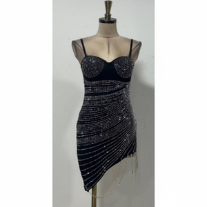 Elegante abito da donna lungo fino al pavimento con strass scintillante con paillettes impero 3D formale con perla da festa - Product Image 1
