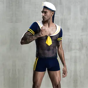 Pesta karnaval hitam fishnet transparan 2 pcs/set pria seksi laki-laki gay sailor kostum untuk dewasa pria gaun mewah