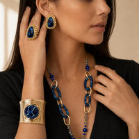 Modische Schmucksets Tiefblaues Kunstharz Legierung Geometrische Gliederkette Breiter Manschettenring Ohrstecker Damen Party Geschenk 18K Gold