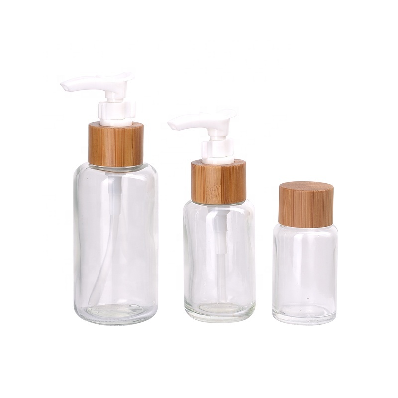 wooden packaging 30ml 50ml 100ml empty glass bottle bamboo cap body lotion spray pump glass with bamboo lid