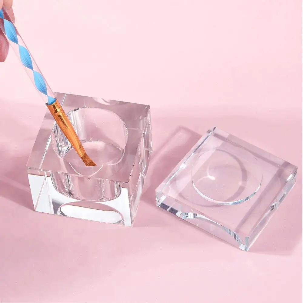 Pink Clear AB Color Heart Shape Square Shape Diamond Cubic Glass Jar Nail Monomer Liquid Dappen Dish con tapa