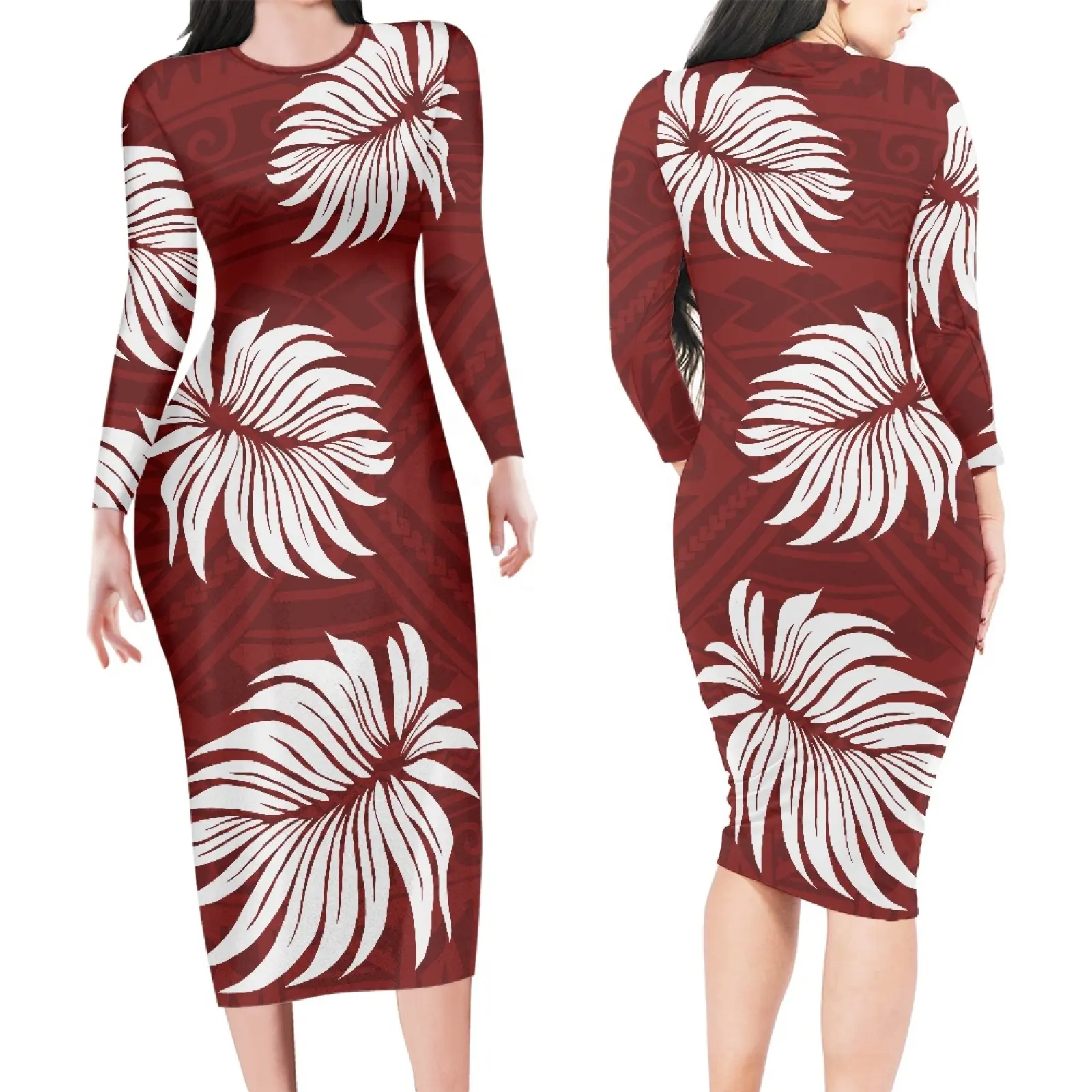 Gaun Bodycon Wanita Kasual Musim Gugur Motif Daun Monstera Merah Gaya Retro Pakaian Liburan Pantai Tropis Hawaii Gaun Pesta Ramping Seksi