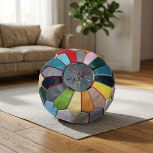 Housse de pouf en cuir véritable cousue à la main, ronde, style bohème, broderie géométrique, fermeture à cordon, personnalisable, décoration d'intérieur - Product Image 4