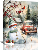 Décoration Murale Hiver : Bonhomme de Neige, Camion Rouge, Oiseau Cardinal, Baies, Cabane Forestière, Ferme, Noël - Toile Enroulée sur Cadre pour Décoration Intérieure
