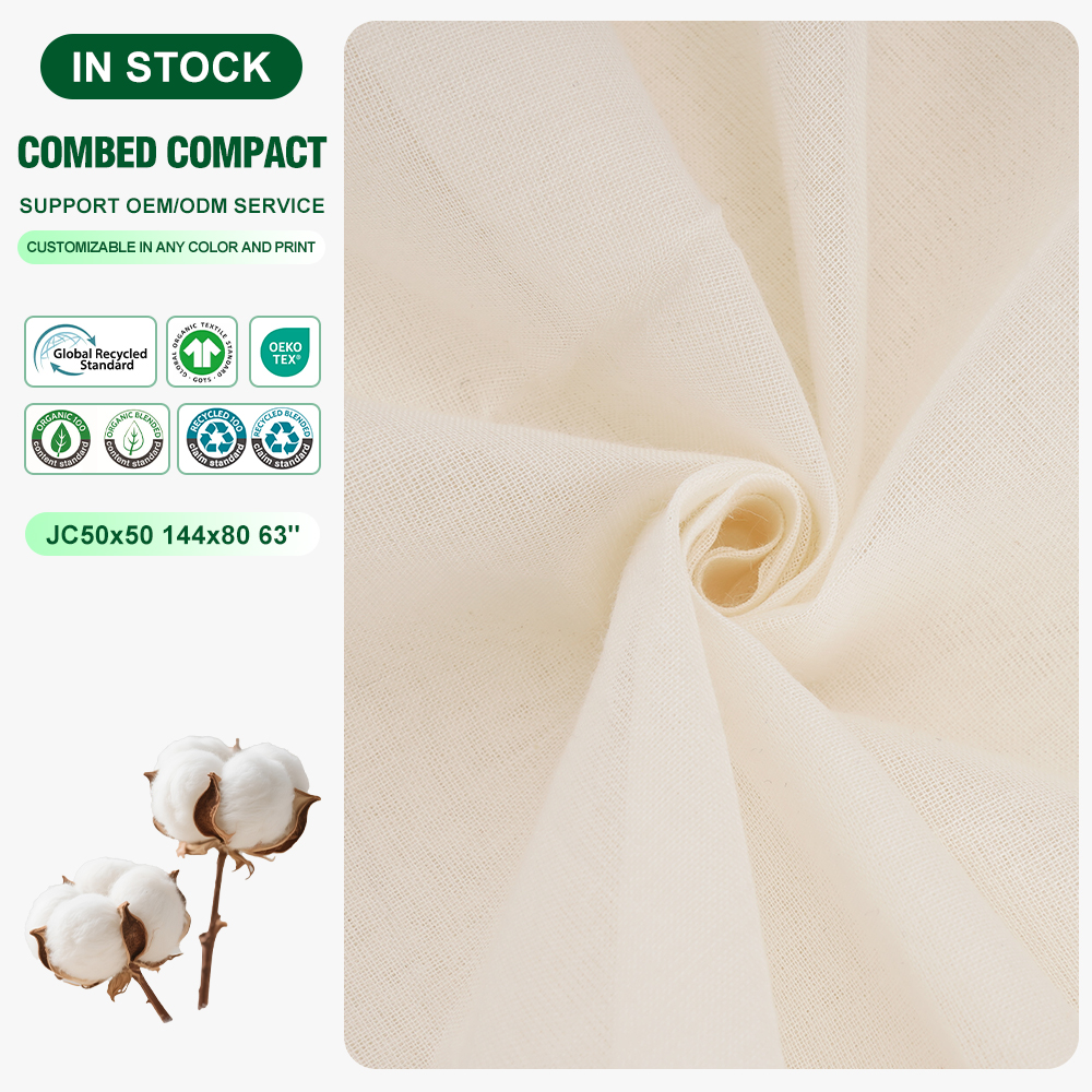 GOTS 100% Organic Cotton Lightweight 115gsm Greige Voile Fabric 50x50 144x80 Raw Woven for Dress 63" Width