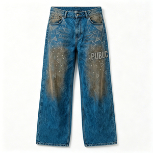 16oz Men's Wide Leg Distressed Denim Pants OEM High Waist Vintage Stonewashed Street Style Jeans With Rivets and Rhinestone Logo - Product Image 3