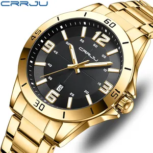 CRRJU 5003 클래식 골드 망 쿼츠 시계 2022 스테인레스 스틸 밴드 방수 달력 세련된 비즈니스 손목 시계