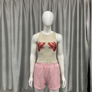 Canotta da <span class=keywords><strong>donna</strong></span> in cotone a costine, personalizzata, all'ingrosso, modello basic, sportiva, girocollo, con bordo grezzo, aderente, ricamata, crop top - Product Image 3