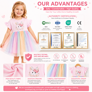 Vestito Tutu Rosa Arcobaleno <span class=keywords><strong>per</strong></span> Bambine con Maniche a Sbuffo e Motivo Coniglietto in Cotone Organico, Abito Casual <span class=keywords><strong>per</strong></span> Bambini 20 Anni OEM ODM - Product Image 6