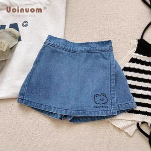 Culottes in denim <span class=keywords><strong>di</strong></span> cotone per bambine, Collezione Primavera Estate 2026, Stile coreano, <span class=keywords><strong>Pantaloncini</strong></span> a gonna per bambini, Carini, Casual, Stile occidentale, Tinta unita - Product Image 1