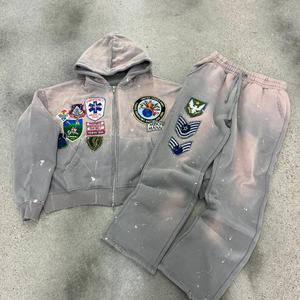 Custom Distressed <b>Embroidery</b> Patch Hoodie Acid Wash Boxy Fit Vintage Zip Men's Cotton Sweatpants & Jogger Tracksuit <b>Set</b> - Product Image 2