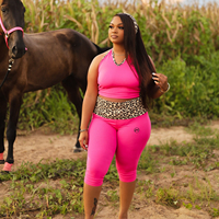 Ensemble de vêtements de sport pour femmes grande taille, imprimé léopard rose, haut court sans manches, leggings capri, ensemble de survêtement 2 pièces, tenue de fitness