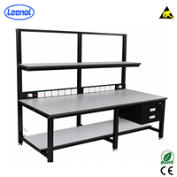 Banc de travail fixe antistatique Leenol noir ESD avec tiroirs et éclairage LED pour applications en laboratoire et salle blanche