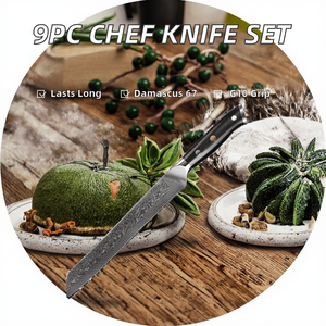 มีดเชฟญี่ปุ่นขนาด 6.7 นิ้ว เหล็กดามัสกัส ใบมีดหยัก ใช้ได้ทั้งมือซ้ายและขวา ด้ามไม้ตามหลักสรีรศาสตร์ ผิวซาติน ปลอดภัยสำหรับเครื่องล้างจาน - Product Image 6