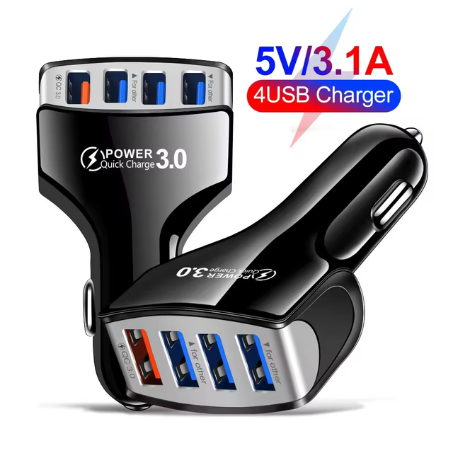4 Ports USB Car Charger Mini 2.4A Fast Charging 12-24V Adapter for Phone 13 12 11 Pro