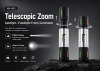 Lampe tactique LED rechargeable Type-C NS-801/802, ABS, étanche IP55, zoom laser, batterie 18650, portée du faisceau 300-400 m, utilisation en camping