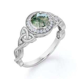 Bague de fiançailles et de mariage en argent sterling 925 certifiée, avec agate mousse et moissanite de 1,25 carat, bande entrelacée et gravure milgrain - Product Image 2