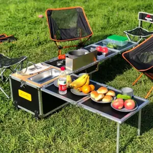 Mesa de piquenique portátil para acampamento ao ar livre totalmente equipada cozinha móvel dobrável de alumínio leve