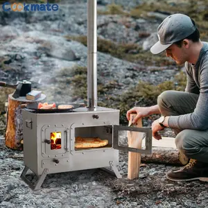 Neues Design tragbarer Multifunktions-Holzofen aus Edelstahl mit großer Kapazität und brennendem Camping zelt im Freien