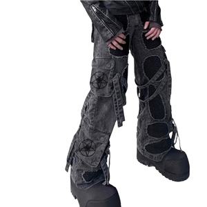 MC BUILD New Trend Multi Belt Broken Custom Baggy <span class=keywords><strong>Jeans</strong></span> Tallas grandes <span class=keywords><strong>Jeans</strong></span> para hombre con parches y diseño de bolsillos - Product Image 1