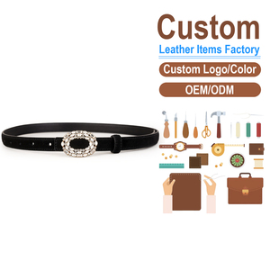 Women's Genuine Suede Leather <b>Belt</b>, Luxury Waist <b>Belt</b> with Crystal-Embellished Oval Buckle - Product Image 2
