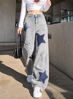 Jeans Anchos con Parche de Corazón 3D a la Moda Y2K para Mujer, Estilo Dulce y Moderno, Color Azul Claro