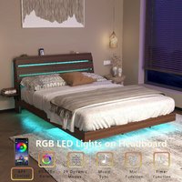 Base de Cama Metálica Queen con Luces LED y Estación de Carga, Cabecero con Almacenamiento Flotante, Fácil Montaje, Uso en Dormitorio, ODM/OEM Disponible