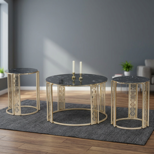 Modern Round <b>Coffee</b> <b>Table</b> <b>Set</b> with <b>Marble</b> Top and Brass Frame Nesting Living Room Furniture Contemporary Design - Product Image 1