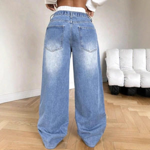 Rétro Hot Girl Flip <span class=keywords><strong>Taille</strong></span> Denim Jeans Femmes Solide Couleur Lâche Droite Respirant Pantalon - Product Image 2