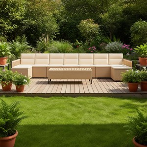 Set Divano da Giardino in Rattan Beige, Arredamento da Esterno con Cuscini in Schiuma ad Alta Densità, Design Contemporaneo, Impermeabile e Resistente ai Raggi UV in PE - Product Image 2