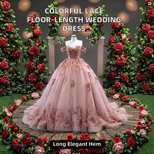 Abito <span class=keywords><strong>da</strong></span> <span class=keywords><strong>Sposa</strong></span> Stile Principessa per Adulti con Motivo in Pizzo, Design Moderno, Taglie Forti, Gonna in Tulle Colorato con Strascico - Product Image 2