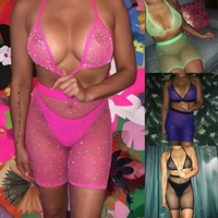Ensemble de lingerie en résille à strass, deux pièces, style babydoll, pour boîte de nuit, transparent, chemise, string, tenue de nuit